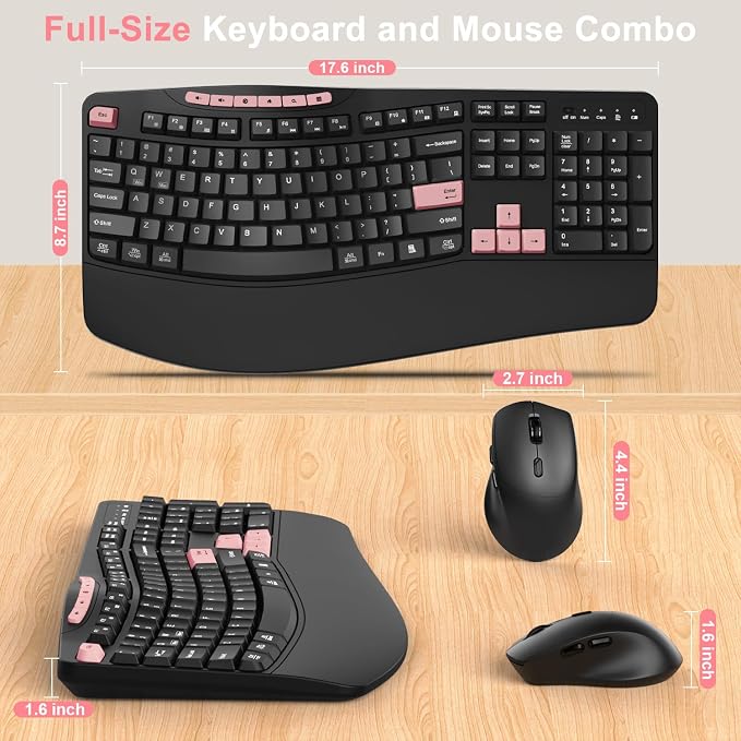 Wireless Keyboard and Mouse Combo, 2.4G Ergonomic Wave Keys(Pink-B) | Full Size Keyboard with 6 Multimedia Keys, Ergonomic Keyboard with Wrist Rest, 3-Level DPI Silent Mouse for Windows/Laptop/PC - Image 7