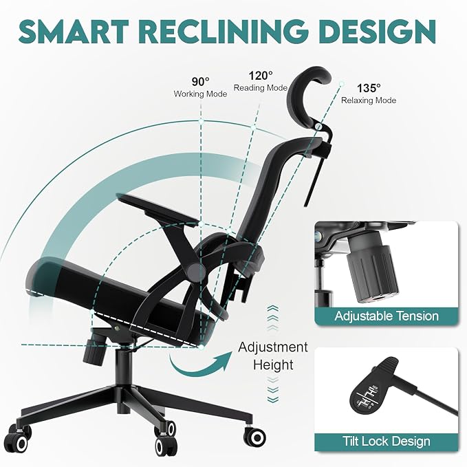 Monhey Ergonomic Office Desk Chair, 90°-125° Tilt Back Home Desk Chair with 360° Swivel & Mute Wheels, High Back Mesh Computer Chair for Adults with Lumbar Support, 330 LBS Capacity(05Black) - Image 3