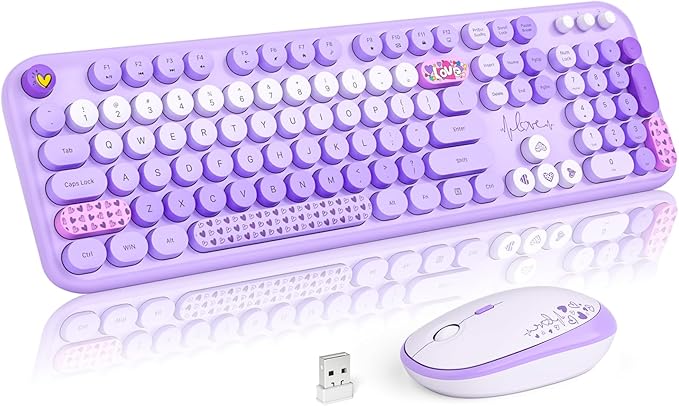 MOFII Wireless Keyboard and Mouse Combo, Cute Retro Typewriter Keyboard and Silent Mouse, 2.4GHz Full Size Computer Keyboard Wireless Mouse Set for PC, Laptop, Desktop, Windows (Purple Colorful) by MOFII