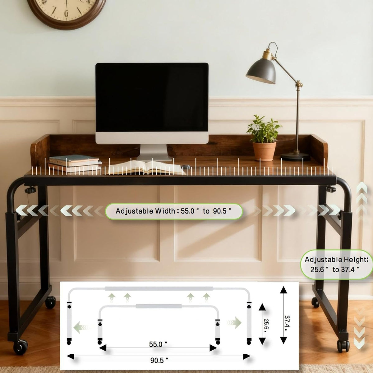 Overbed Table with Wheels and Desktop Enclosure, Height and Length Adjustable Over Bed Desk King Queen Bed Table Overbed Laptop Table (Rustic Brown) - Image 2