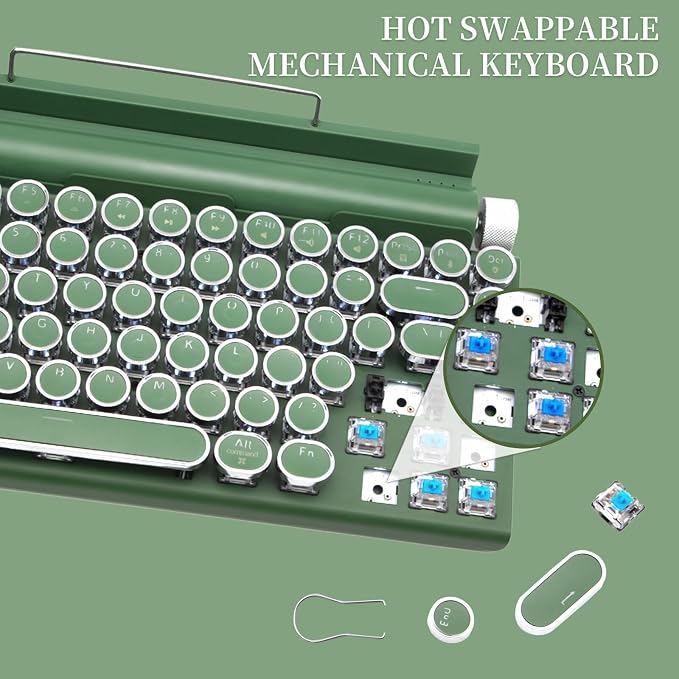 Adventurers Retro Typewriter-Style Mechanical Keyboard, 83 Keys, 75% Compact Layout, Bluetooth 5.0 and Wired, Hot-Swappable Blue Switch, White Backlit for Windows/Mac/iPad/PC/Laptop (Dark Green) - Image 2