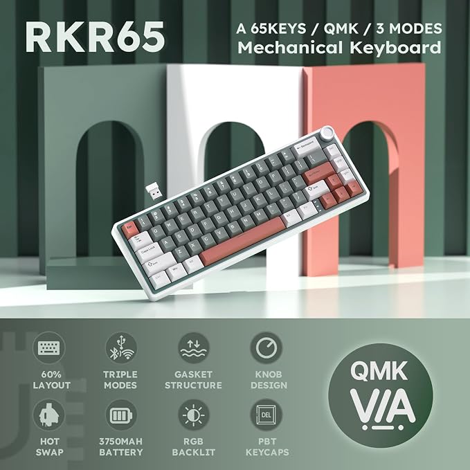 RK ROYAL KLUDGE R65 Wireless Mechanical Keyboard, 60% Keyboard with Knob | Tri-Mode 2.4G/USB-C/Bluetooth, QMK/VIA Custom Keyboard with 66 Keys and CNC Metal Knob, Hot Swappable, Cream Switch, Green - Image 2
