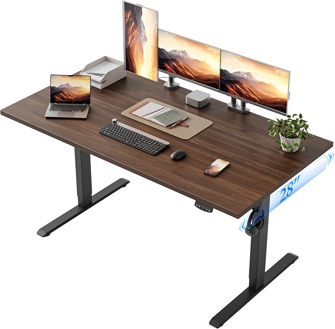 Klicelor 55 x 28 Electric Standing Desk, Sit Stand Up Home Office Desk, Height Adjustable Deep Cumputer Table with Memory Presets and Hooks, Two Pieces, Dark Walnut by Unknown
