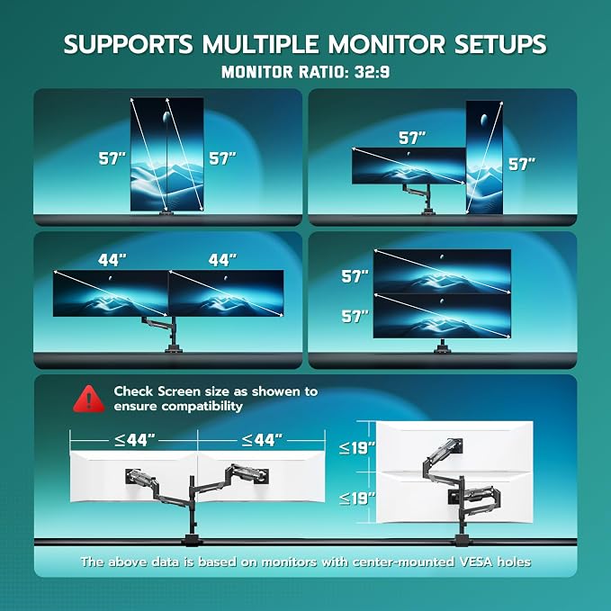 ARES WING Heavy Duty Dual Monitor Mount with USB for 24-57 Inch, Black | Adjustable Stacked Gas Spring Desk Mount for 2 Ultrawide Screens, VESA 75/100/200mm Mount - Image 7