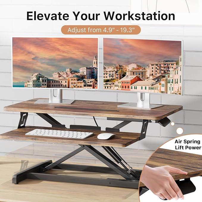 JOY worker Standing Desk Converter, 32" Height Adjustable Sit Stand Riser | Rustic Brown Table Top Stand Up desk with Fixed Keyboard Tray, Monitor and Laptop Workstation, Particle Board, Home Office - Image 3