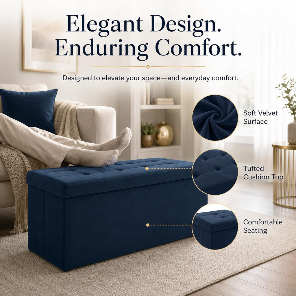 ALASDO 43 Inch Folding Storage Ottoman Bench with Hidden Storage, Velvet Storage Ottoman Foot Rest Stool, End of Bed Bench for Bedroom, Living Room, Entryway and Closet, Navy Blue - Image 2