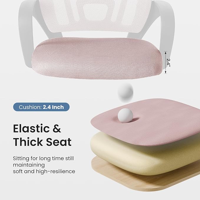 DUMOS Ergonomic Office Chair, Home Desk Lumbar Support Chair | Mid Back Mesh, Height Adjustable Fixed Armrest, Rocking Mode 360 Swivel Computer Gaming, Pink - Image 7