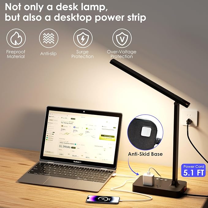 Infiway Desk Lamp with USB Charging Port: LED Desk Lamps for Home Office - 1 USB-A, 1 Type-C Charging Port, 2 AC Power Outlets, Touch Control Dimmable 5 Color 5 Brightness, Night Light(Black) - Image 3