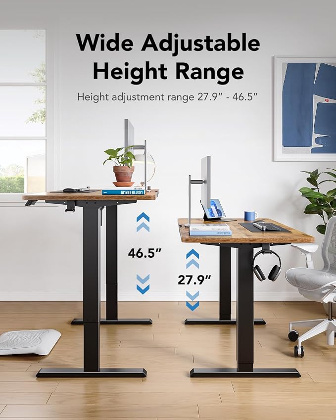 HUANUO 55x27 Inch Electric Standing Desk, Height Adjustable, Rustic Brown | 176 Lbs Capacity, Smooth Home Office Desk, 4 Memory Presets & Headphone Hooks, 28.3–46.5 Inch Height Range, Easy to assemble - Image 4