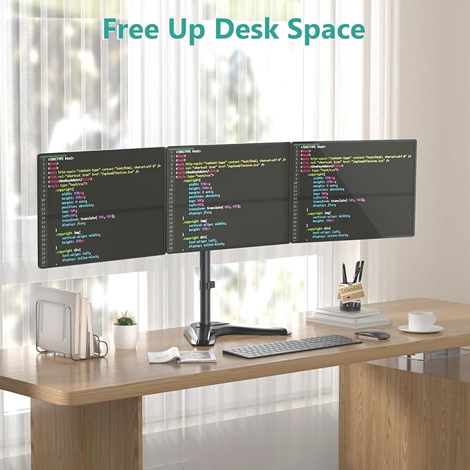WALI Freestanding Triple Monitor Stand for 13-27 inch Screens，22lbs per Arm | Articulating 3 Monitor Desk Mount, Full Motion with Tilt, Swivel, Rotation, C-Clamp & Grommet Base, VESA 75/100mm (MF003N) - Image 3
