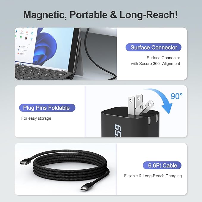 65W USB C Surface Pro Charger Compatible with Surface Pro 3/4/5/6/7/8/9/10/X/11/12,Surface Book1/2/3,Power Adapter Compatible with Microsoft Surface Laptop/Tablet,Support 44W 36W - Image 3