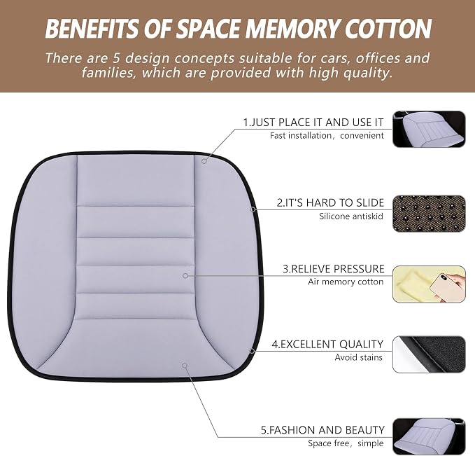 2PCS Car Seat Cushion Pad 1.2" Thick Comfort Seat Protector for Car Driver Seat Office Chair Home Use Memory Foam Seat Cushion with Non Slip Bottom, 20'' x 18.5'', Gray - Image 2