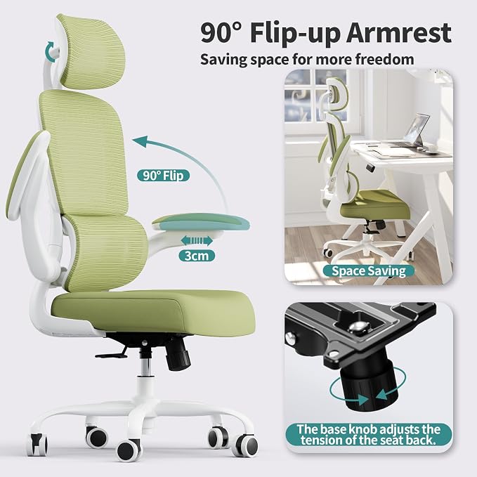 TRALT Office Chair Ergonomic Desk Chair - Gaming Chair with Lumbar Support | 330 LBS Home Office Desk Chairs with Headrest, Reading Chair with Flip-up Armrests, Comfortable Computer Chairs (1, Green) - Image 5