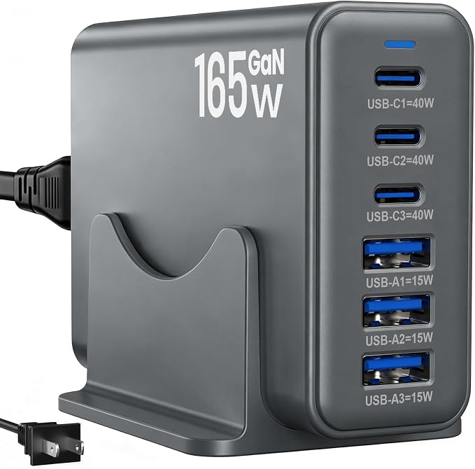 165W Charging Station, 6 Port Desktop Charger, 3 Ports 40W Grey | USB Charger Block, 3 x USB A 15W, 3 x USB C 40W, Compatible with iPhone, Galaxy, MacBook, iPad, Home Office, Travel and More by Newdarren