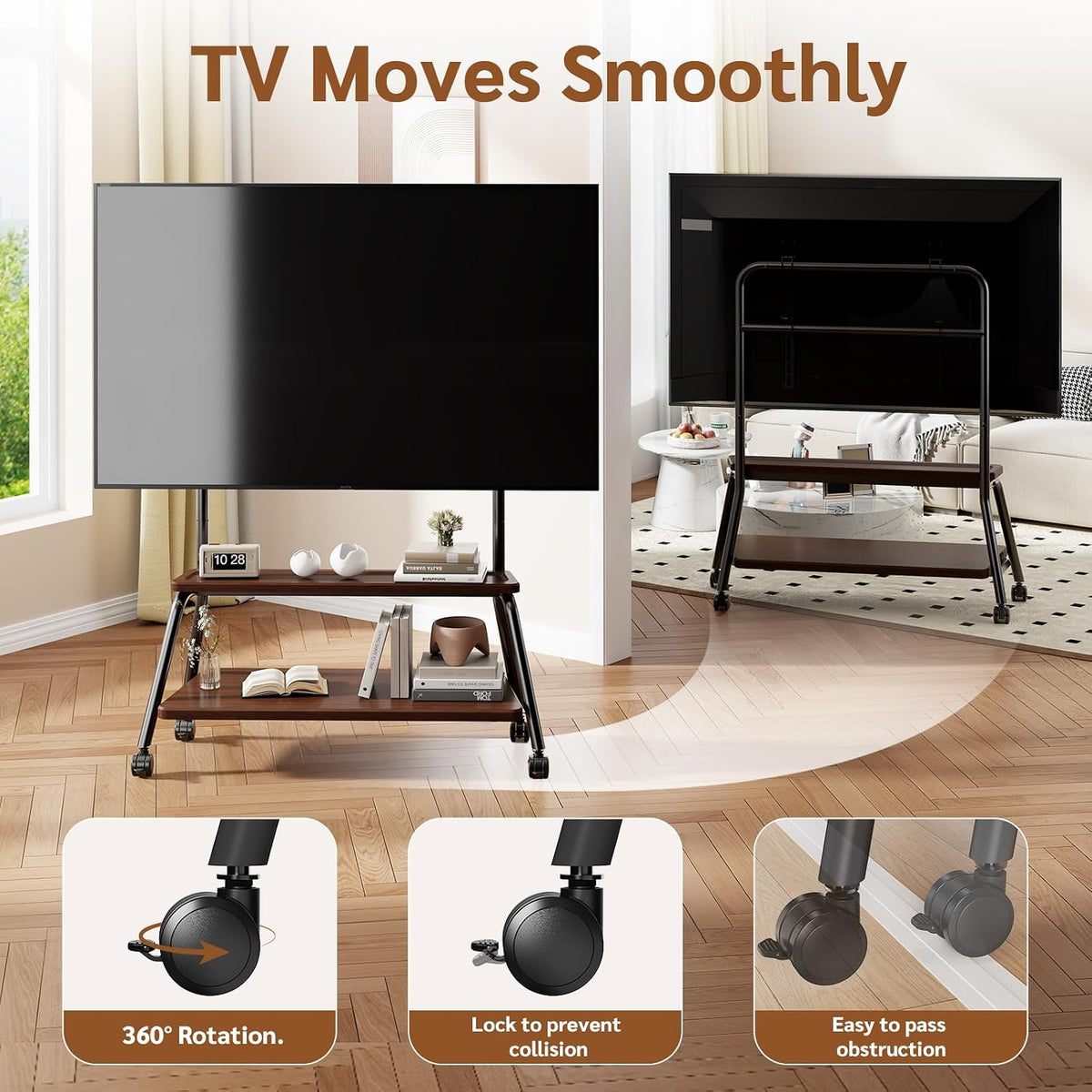 Mobile TV Stand on Wheels, Heavy-Duty Rolling TV Cart for 32-75 Inch TVs (Walnut, 32-75inch) - Image 3