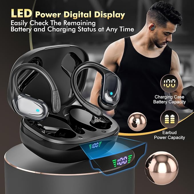 Wireless Earbuds Bluetooth Headphones 80hrs Playback Ear Buds Power Display with Noise Canceling Mic Headsets for Sports/Workout/Running Black - Image 7