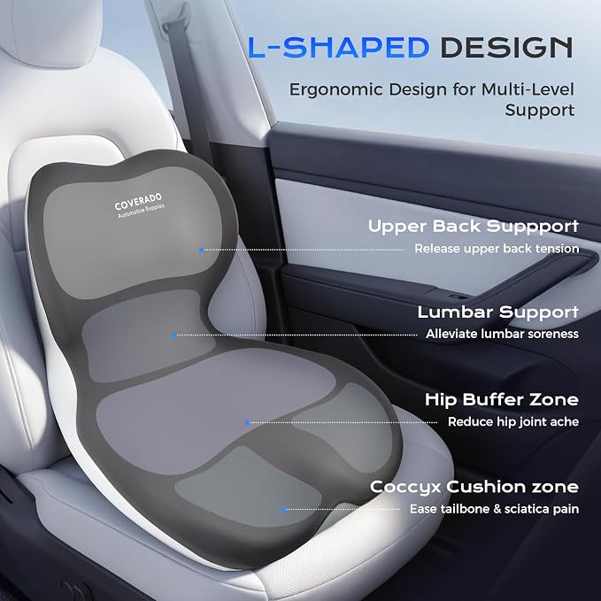 Coverado Car Seat Cushion and Lumbar Support Pillow One Piece, Memory Foam Ergonomic Back Support Driving Seat Cushion for Back Pain, Non-Slip Washable Cushion for Car, Driver, Office - Image 2