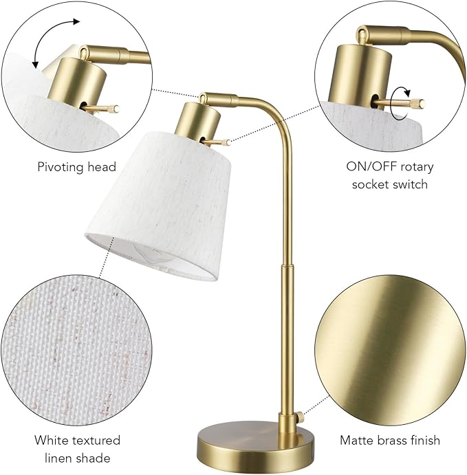 Globe Electric 61000057 16" Desk Lamp, Matte Brass Finish, White Shade, Adjustable Pivot Joint, Rotary Switch on Socket, Modern Lighting for Bedroom or Office, Indoor Lights, E26 Base - Image 5