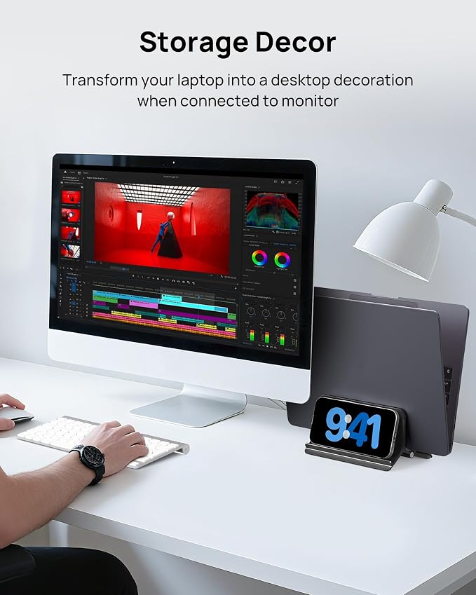 Vertical Laptop Stand Holder for Desk Compatible with MacBook Air, MacBook Pro Stand Vertical Aluminum Up to 17 inch, Gravity Auto-Lock Cooling, 3-in-1 Space Saving Desk Organizer Accessories - Image 3