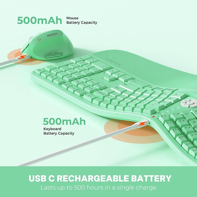 MEETION Ergonomic Keyboard Mouse Combo, Split Design Vertical Mouse Green | Rechargeable full-size keyboard with cushioned wrist rest, 2.4GHz USB receiver, natural typing, for Windows, Mac, PC, laptop - Image 5