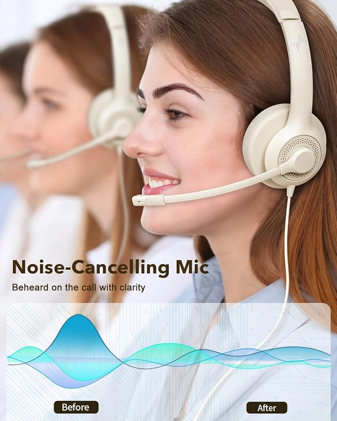 JIAMQISHI USB Headset with Microphone for PC, On-Ear Computer Laptop Headphones with Noise Cancelling Mic in-line Control for Home Office Online Class Zoom (USB+3.5mm, Apricot) - Image 2