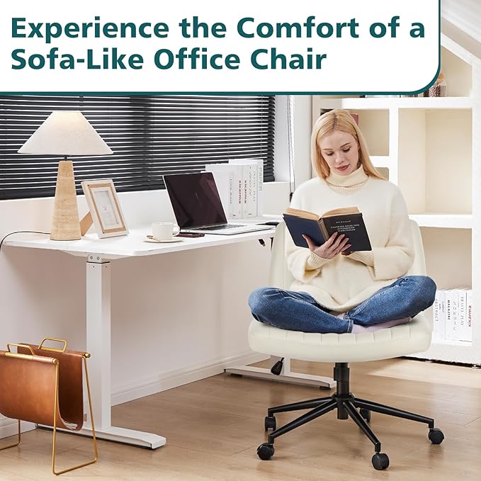 OLIXIS Criss Cross Chair with Wheels, Vanity Chair, Home Office Desk | Wide Seat Armless, Faux Leather, Height Adjustable Swivel Rolling, Home Computer Task Seating for Bedroom Study, Beige PU - Image 3