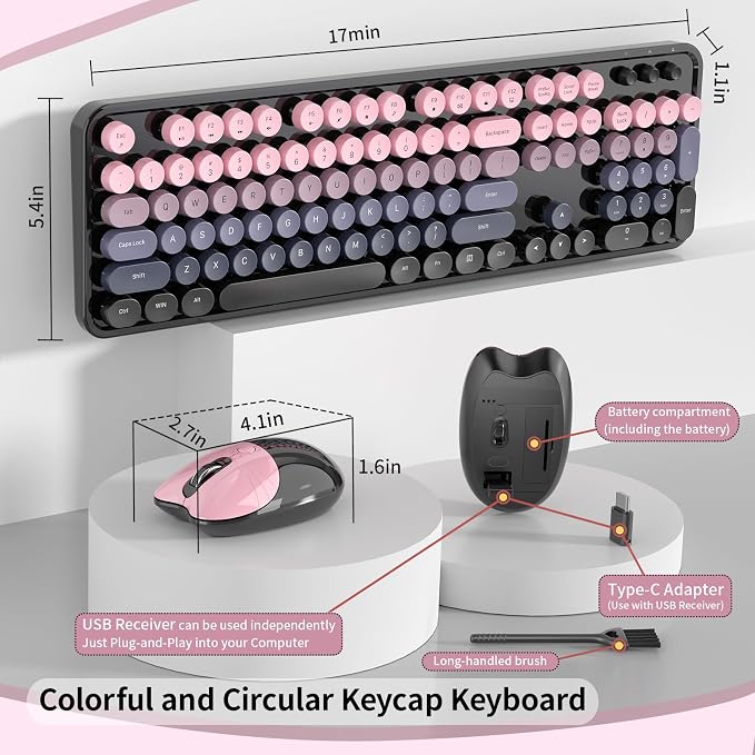 Wireless Keyboard and Mouse, MOFII 104 Round Keycaps Retro Typewriter with OTG & Brush, Full-Size Ergonomic, Ideal for Windows PC, Home, Office and College Peach Pink - Image 5
