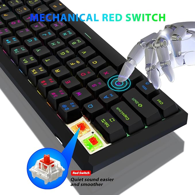 Snpurdiri 60% Gasket Wired Mechanical Gaming Keyboard (Black, Red Switches) | RGB Backlit 61 Keys Mini Gaming Keyboard for PC, Windows XP, Win 7, Win 10 - Image 4
