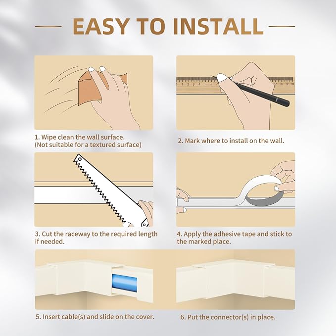 142in Beige Cord Hider, Delamu Beige Cord Covers for Wires on Wall, One-Cord Cable Hider, Wire Hider Wire Covers for Cords on Wall, Easy Set up Cable Cover Raceway, L15.7 W0.59 H0.4in - Image 9