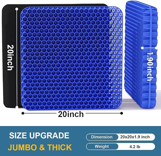 Gel Seat Cushion for Long Sitting Hip Pain, 20x20inch Jumbo Thick Soft & Breathable Cushion for Wheelchair Gel Seat Cushion for Office Home Chairs (Blue) - Image 2
