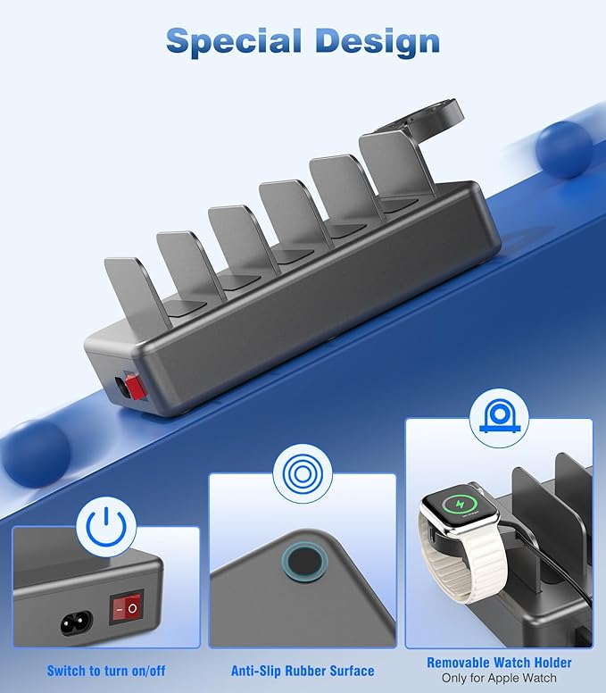 50W Fast Charging Station, 6 Port Charging Station for Multiple Devices | Compatible with iPhone,iPad, Tablet,Kindle ect,with 6 Short Cables and Apple Watch Holder（Space Gray） - Image 4