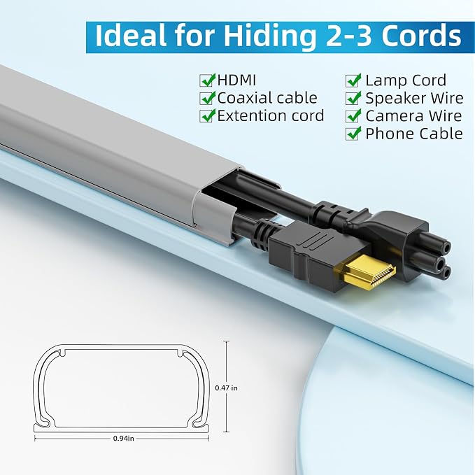 Yecaye 142in Wall Cord Hider for 2-3 Cords, W0.94in H0.47in, Grey | Medium Cord Covers for Wires on wall, On-Wall Cord Cover Cable Concealer - Image 2