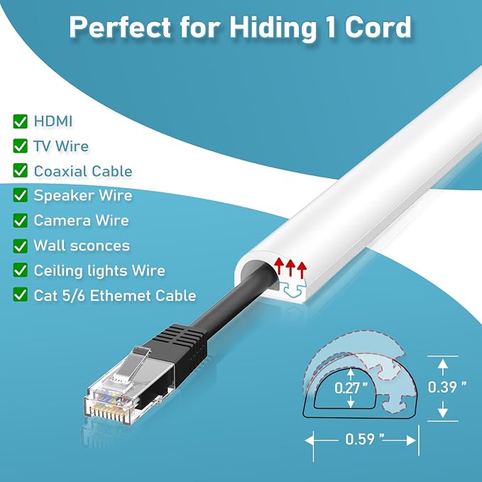 78" Cord Hider Wall, Self Adhesive Silicone Cord Covers for Wires On Wall, Cord Hider for Wall Mount TV, Flexible Cable Cover Raceway Kit for 1 Wire, White (0.59" W x 0.39" H) - Image 4