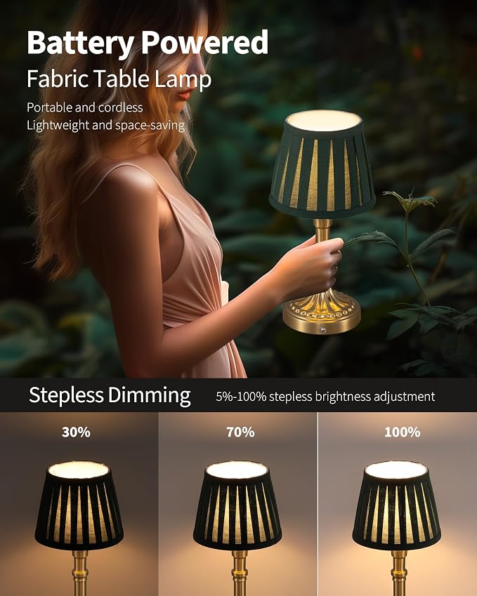 KDG Gold Cordless Table Lamps Set of 2, Green Fabric Shade Small Desk Lamp | Portables 4000mAh Battery Powered, LED Lighting, 2700K Stepless Dimmable, Light for Living Room, Dining Room, Bedroom - Image 4