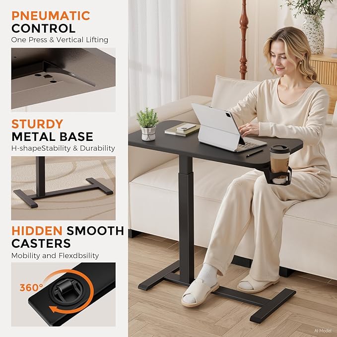 GTPLAYER Small Standing Desk with Hidden Wheels, Pneumatic Mobile Rolling Laptop Desk, Adjustable Height Overbed Bedside Table Computer Workstation for Home Office (32" W x 16" D, Black) - Image 6