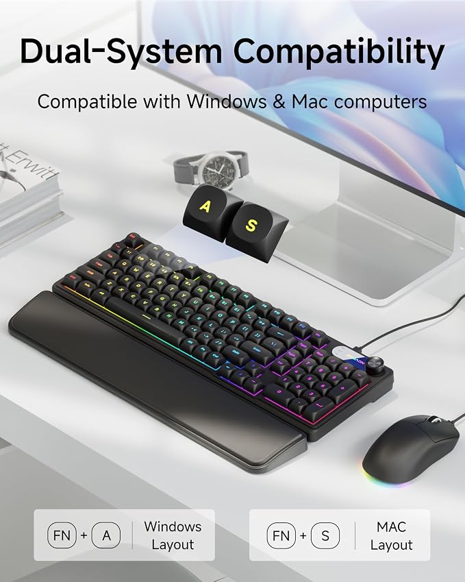 EWEADN Wired Keyboard and Mouse Combo with Detachable Wrist Rest, Quiet Ergonomic Keyboard Mouse Set with Multimedia Knob, RGB Backlit, Double-Shot Keycaps Natural Typing for Laptop, PC - Black - Image 4