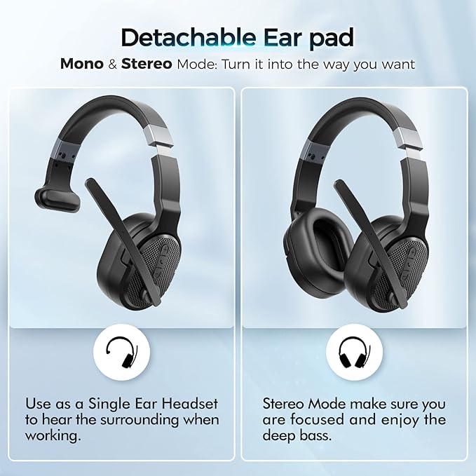 COSMUSIS Trucker Bluetooth Headset, Wireless Headset with Mic for Work | Trucker Headset with Noise Cancelling Headphones, Long Battery Life Bluetooth Headphones with Detachable Earpad for Driving - Image 2