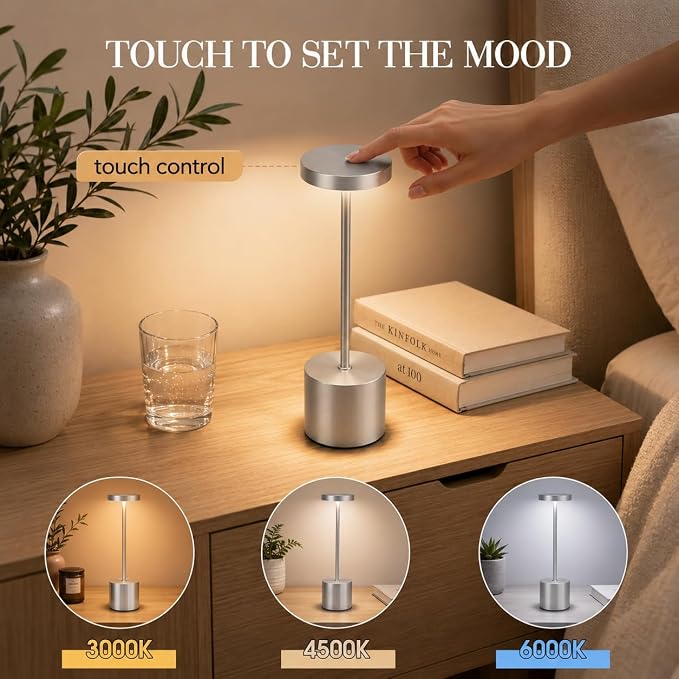 AUDLES Silver Rechargeable Table Lamps 2 Pack, Cordless Battery Operated LED Desk Lamp with Touch Control, 3 Color Temperatures, Dimmable Portable Lamps for Bedroom, Dining Room, Patio, Restaurant - Image 3