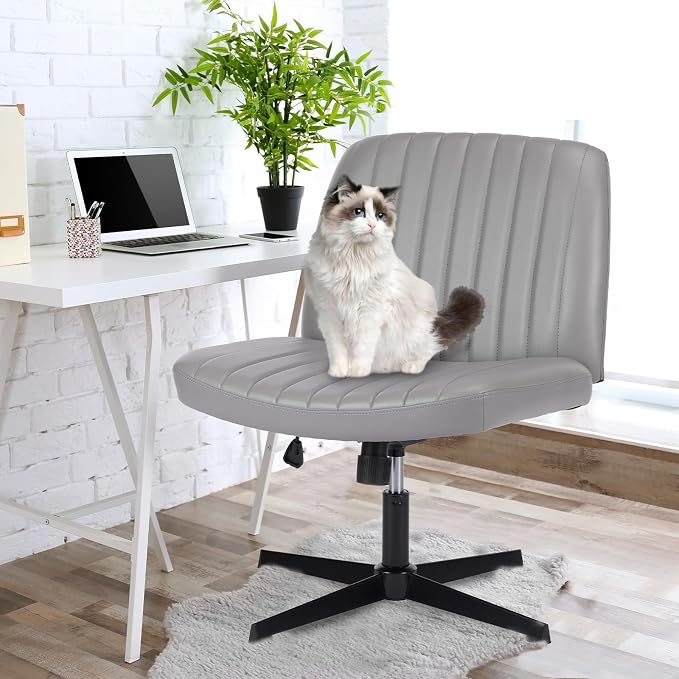 OLIXIS Criss Cross Chair, Vanity Chair, Home Office Desk | Armless No Wheels Wide Seat, Height Adjustable Swivel, Faux Leather, Bedroom Student Study, Grey Dual Base - Image 4