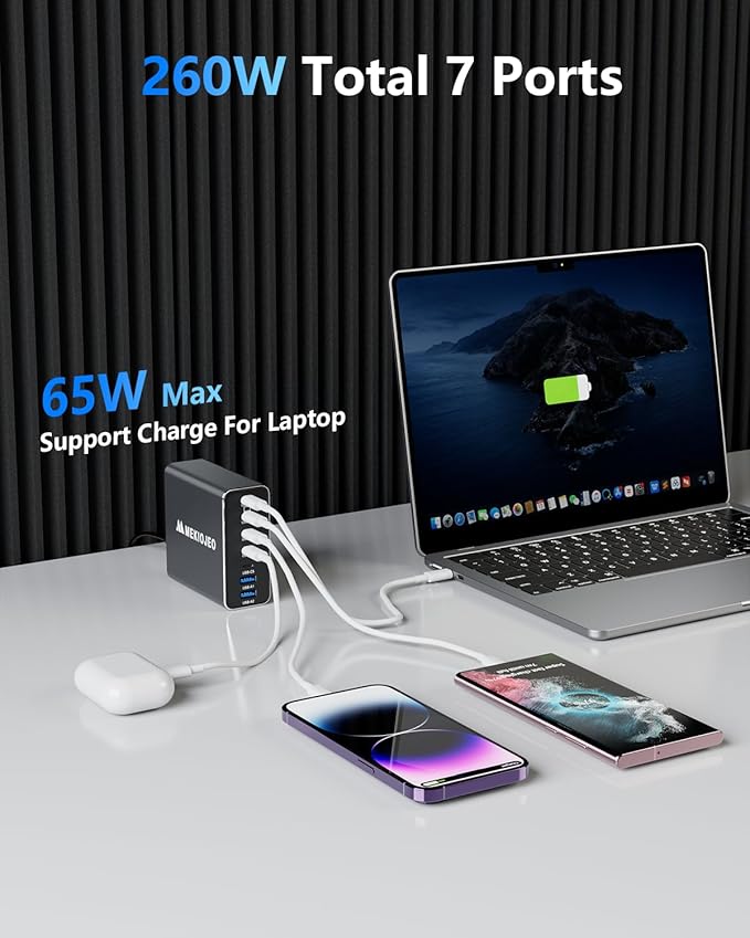 MEKIOJEO Aluminum Alloy 260W USB C Charger GaN Fast USB C Charging Station | 7 Ports 65W Laptop Charger for MacBook Pro/Air/iPad Pro/iPhone - Image 2