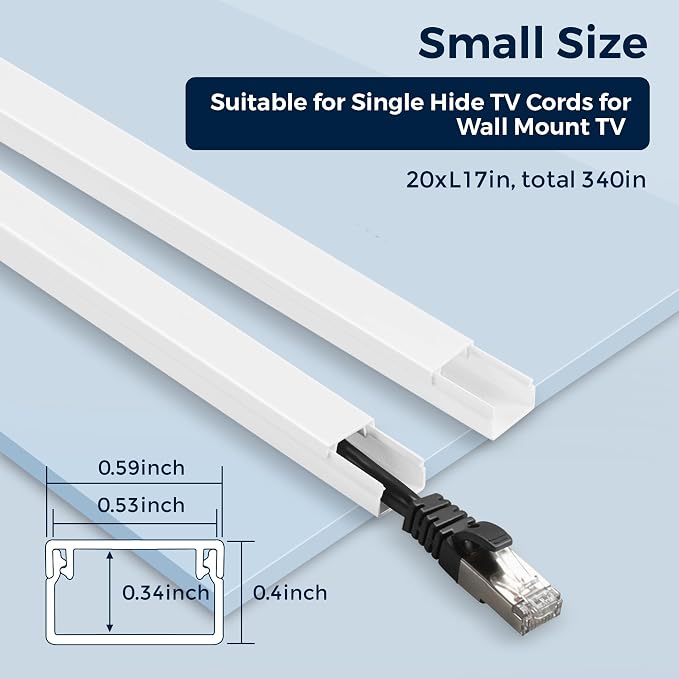 340in Cord Covers for Wires on Wall, One-Cord Wire Covers for Cords, Small White Cord Hider Wall, LZEOY Cable Raceway Wire Hider for Cords, Paintable Cable Concealer - 20x L17 W0.59in H0.4in - Image 2