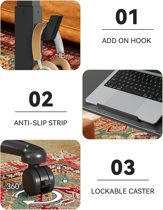JOY worker Foldable Laptop Desk on Wheels, Adjustable Mobile Standing Desk | Max Height 47.6", 90° Tiltable Top & Base, Portable Height Adjustable Workstation with Lockable Casters, Holds 22lbs, Black - Image 9