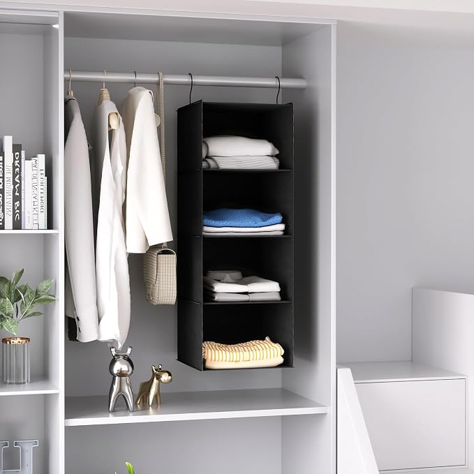 Hanging Closet Organizer 4-Shelf, Oxford Fabric Wardrobe Storage, Black | Easy-mount foldable design holds clothes, handbags, shoes & accessories; washable Oxford fabric, sturdy and space-saving. - Image 8
