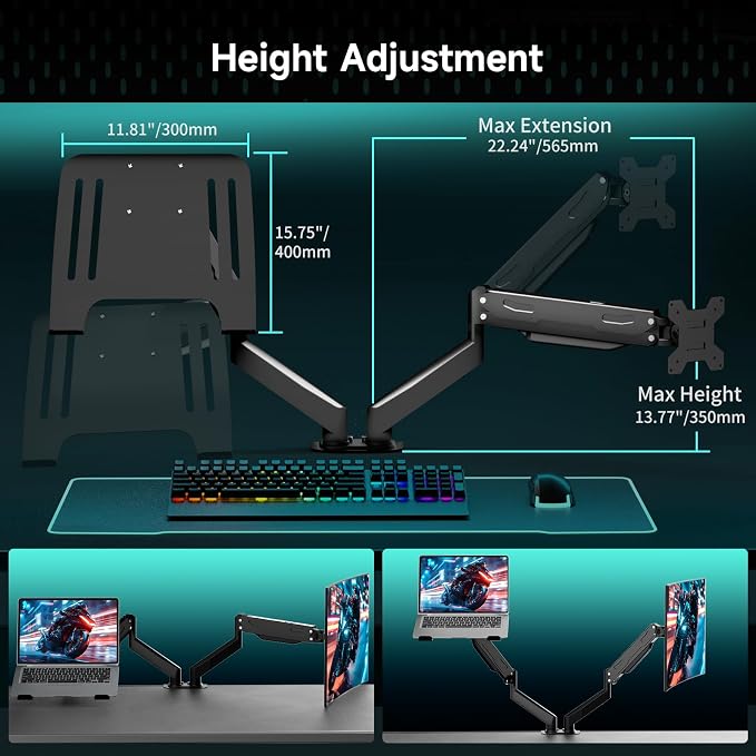Pholiten Monitor and Laptop Mount for Max 32" Screen and 17" Notebook | Dual Monitor Mount Holds up to 22lbs Each, Laptop Tray Stand with Gas Spring Arm, VESA 75x75/100x100mm - Image 3
