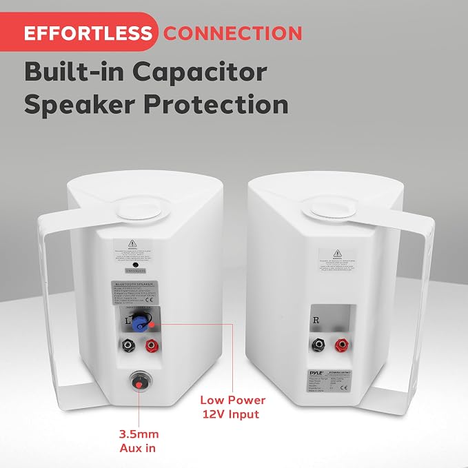 Pyle 6.5'' Marine Grade Waterproof Bluetooth Speakers with Built-in Amplifier, Indoor/Outdoor Use, Full Range Stereo, Aux Input, Rustproof, Ideal for Patio, Pool, Home Audio, White - Image 6