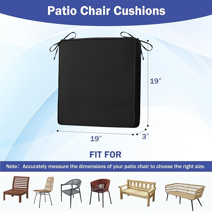 IASEAHK Patio Chair Cushions, 19" x 19" x 3" Outdoor Chair Cushions Set of 4, Waterproof Outdoor Cushions for Patio Furniture, Outdoors Seat Cushions with Handle and Ties, Black - Image 2