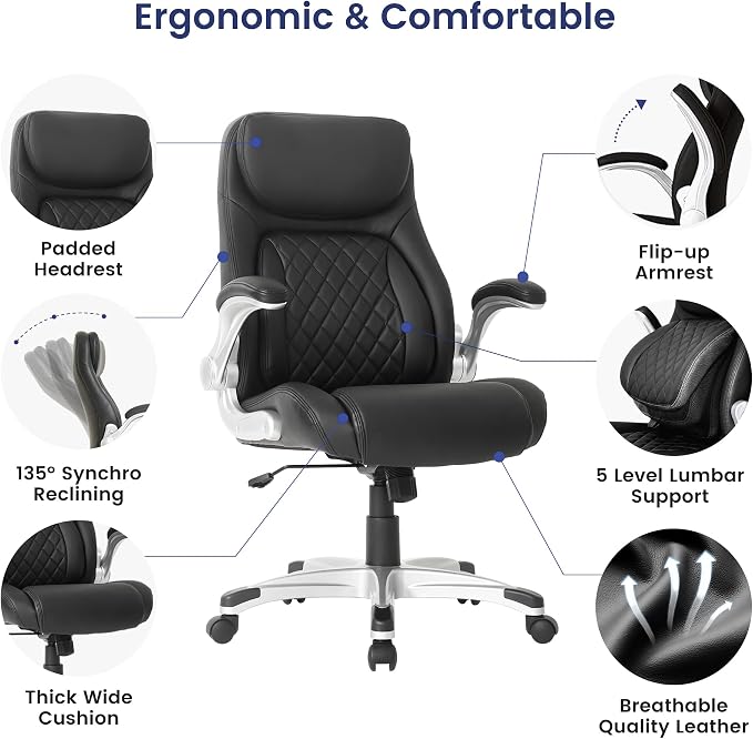 Nouhaus Ergonomic Office Chair Premium Microfiber Leather Adjustable Lumbar Support & Armrests, High Back Comfy Desk Gaming Chairs Executive Computer Swivel Chair Tilt Function(Posture,Black) - Image 4