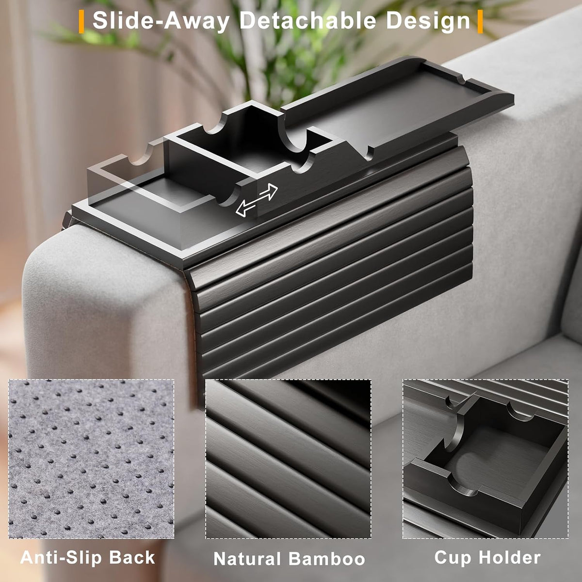 Bamboo Couch Armrest Table with Detachable Cup Holder Tray (Black) - Image 2
