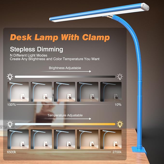 Airlonv LED Desk Lamp with Clamp, 17" Stepless Dimming Light, Blue | 2700K-6500K, 100 LEDs, 360° Gooseneck, Fits Up to 30" Monitors, Flicker-Free Lighting for Home Office, Study& Workbench - Image 2