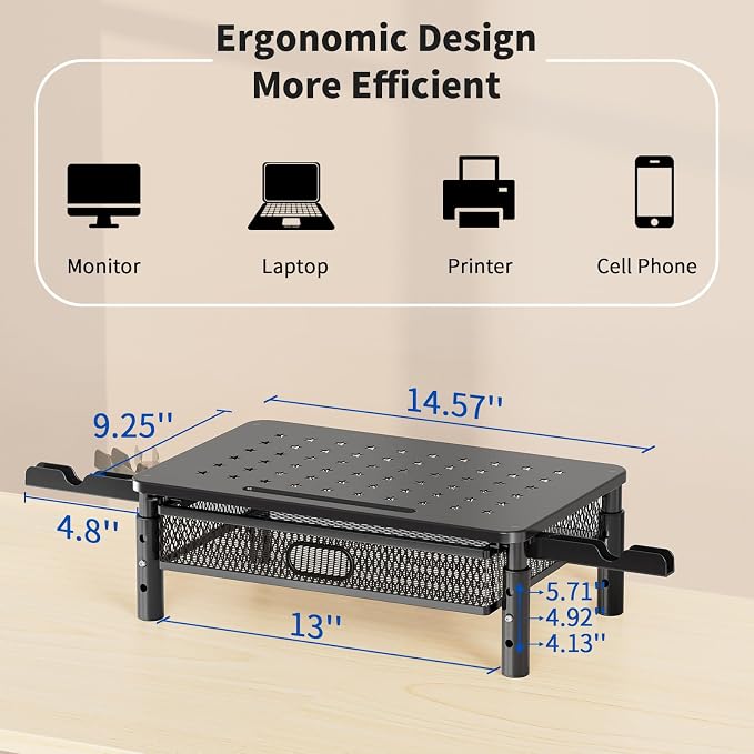 Zimilar 2 Pack Monitor Stand Riser with Metal Drawer, 3 Height Adjustable | Monitor Riser with Phone Holder for Printer, Laptop, Premium Metal Computer Monitor Stand with Storage for 2 Monitors - Image 6